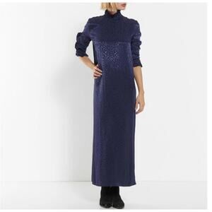 Roseanna Navy Blue Textured Midi Dress with Ruffle Collar